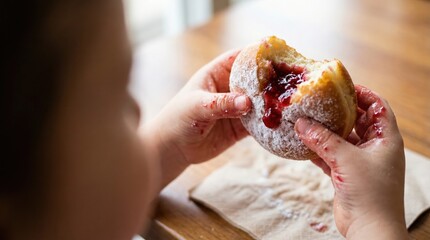 Child enjoys delicious jelly-filled doughnut at home capturing joy food photography cozy environment close-up view