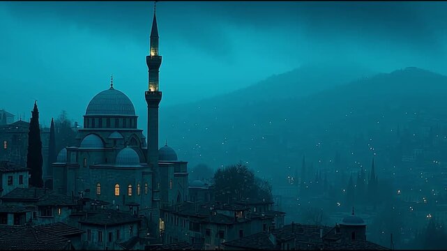 Mystical Mosque and Cityscape at Twilight with Ethereal Blue Hues