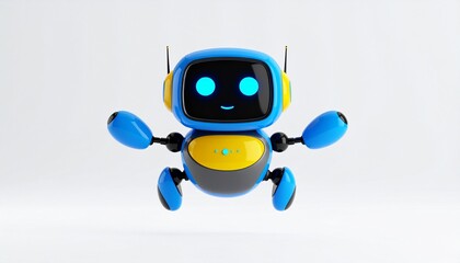 3d cartoon blue robot character design featuring a smiling icon holding a glass of water and beer with vector illustration concept elements like a bee and tomato