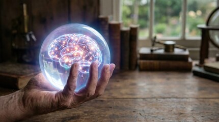 Innovative technology glowing brain representation in hand cozy workspace digital art soft light imagination and knowledge