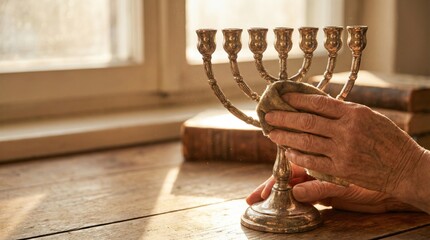 Cultural ritual of menorah cleaning home setting photography warm lighting close-up jewish tradition