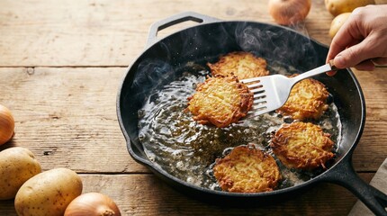 Frying traditional potato latkes home kitchen culinary art rustic setting close-up view comfort food experience