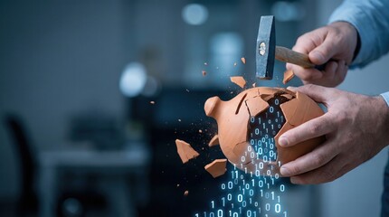 Breaking the piggy bank digital transformation in business office setting photo modern environment close-up perspective