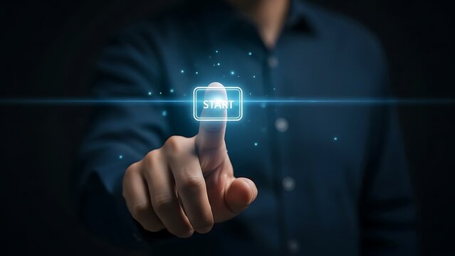 Finger Pressing a Virtual Glowing Start Button Symbolizing New Beginning Launch and Innovation - Powered by Adobe