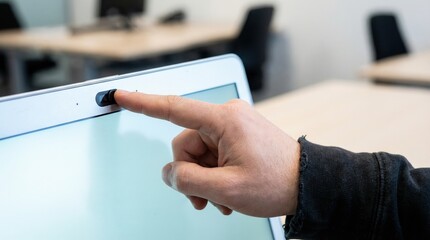 User engaging with touchscreen technology in modern office environment interactive content professional setting close-up view for user experience