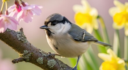 Obraz premium A small bird perched on a branch with daffodils in the background.