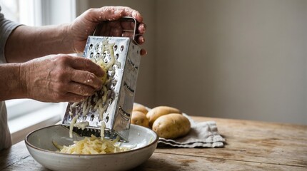 Grating potatoes for homemade recipes kitchen culinary action warm environment close-up view cooking preparation
