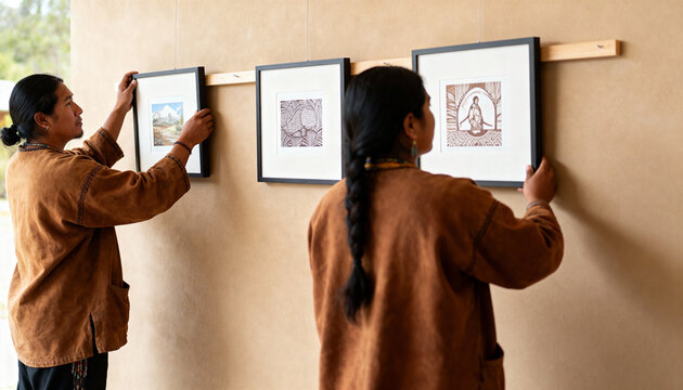 Two indigenous artists hanging framed artwork in a gallery. Man and woman collaborating to set up a cultural art exhibition - Powered by Adobe