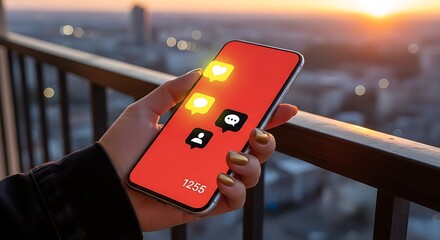 Hand holding a smartphone with glowing social media icons against a city sunset backdrop, symbolizing digital connection and communication.