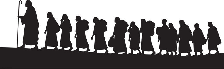 Silhouette of a shepherd leading a flock