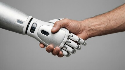 Human-robot interaction handshake between man and machine studio setting digital art close-up perspective embracing technology