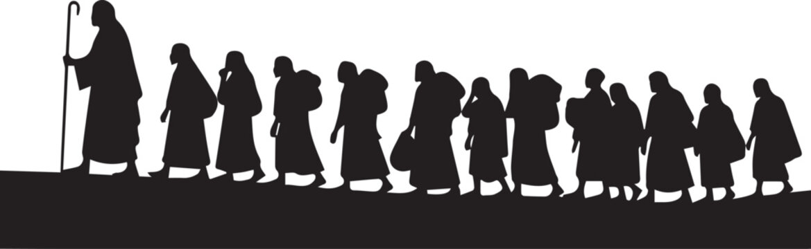Silhouette of a shepherd leading a flock