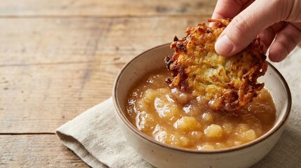 Delicious latkes with applesauce a traditional jewish dish at home comfort food rustic setting close-up view culinary heritage