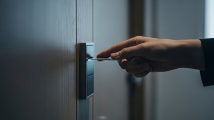 Close up of a hand inserting a key into a modern door lock.