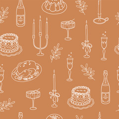 Seamless pattern with Christmas vintage dinner. Hand drawn vector illustration for wrapping paper, textile, fabric.