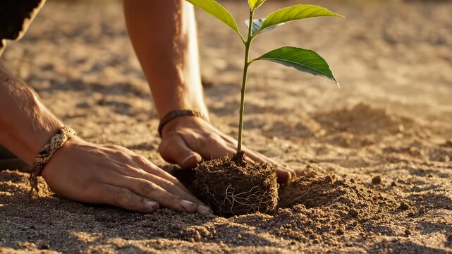 Person planting tree sapling in sand