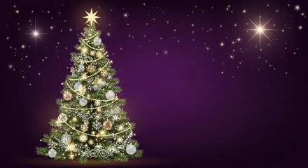 A beautifully decorated Christmas tree with ornaments and lights against a dark purple background.