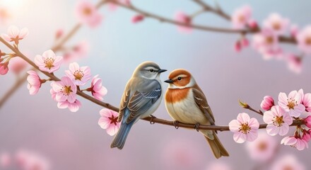 Fototapeta premium Two birds perched on a branch with pink flowers.