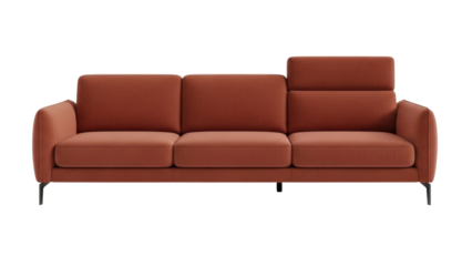 Front view of a modern 3 seater sofa in terracotta color isolated on white background