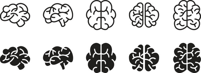 Collection of ten brain icons in various styles, depicting human minds in both outline and solid black filled versions for medical and intellectual concepts