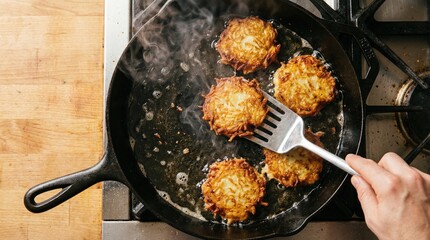 Crispy potato latkes cooking kitchen food photography home environment overhead view culinary tradition