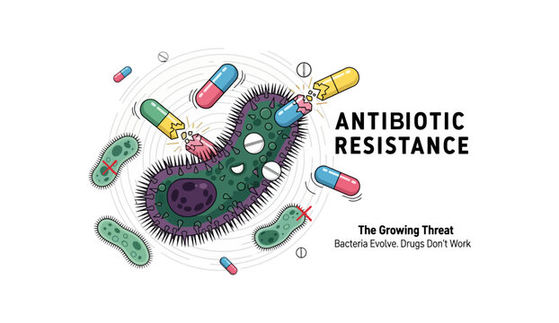 Antibiotic Resistance Concept Illustration with Superbug and Broken Pills