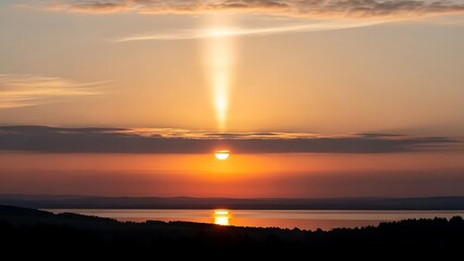 Obraz premium Stunning sunset over a calm lake with a vertical sun pillar and orange horizon sky reflections