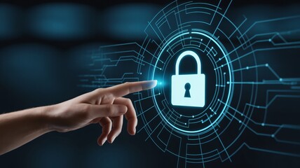 Secure digital interface with glowing lock and hand interaction