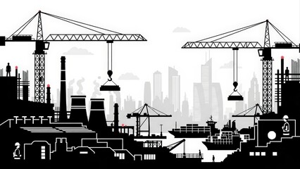 Industrial Cityscape with Cranes and Factories Silhouette.
