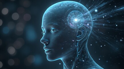 Digital illustration of artificial intelligence: a face made of circuit board lines, red and blue lights, and bokeh. Perfect background for promoting smart technology, electronics, and services.