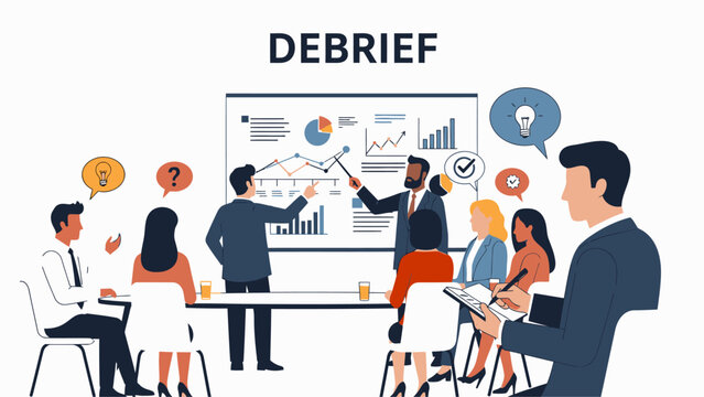 Business debriefing meeting with team analyzing financial charts and data.