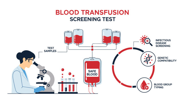 Blood transfusion screening test infographic with scientist using microscope and lab icons.
