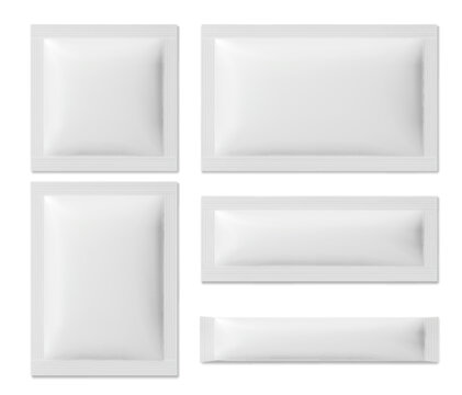Blank sachet mockups set isolated on white background. Vector realistic illustration of square and rectangle sealed paper or plastic bags for cosmetic mask, wipe, sugar, 3d package layout for branding