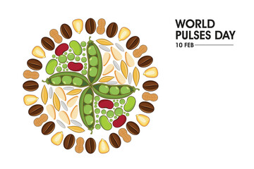 Vector illustration of assorted pulses, beans, grains and legumes arranged in circular pattern for World Pulses Day.