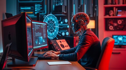 Robot, artificial intelligence with digital interfaces. Perfect for banners about smart electronics, home automation systems, and intelligent appliances