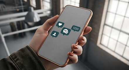 Hand holding a smartphone with social media icons displayed on the screen, representing digital communication and online interaction.