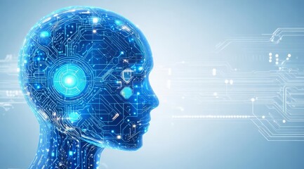 Digital illustration of artificial intelligence: a face made of circuit board lines, red and blue lights, and bokeh. Perfect background for promoting smart technology, electronics, and services.