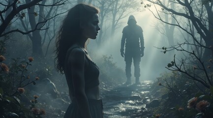 Close-up of a couple in love in the forest, a mysterious atmosphere. A universal background for lifestyle advertising, gifts, and premium home and leisure products.