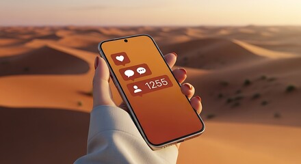 Hand holding a smartphone with social media icons in a desert landscape at sunset.