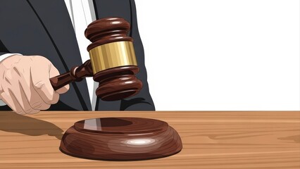 Judges Gavel Striking Sound Block on Wooden Table in Courtroom.