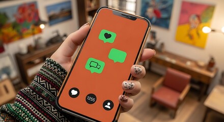 Hand holding a smartphone with social media icons on screen.