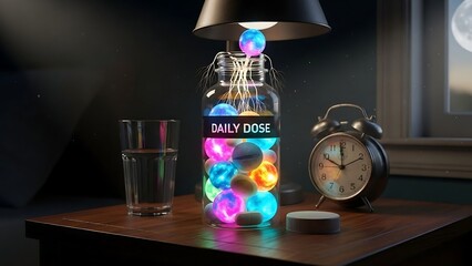 Jar with colorful glowing orbs on table.