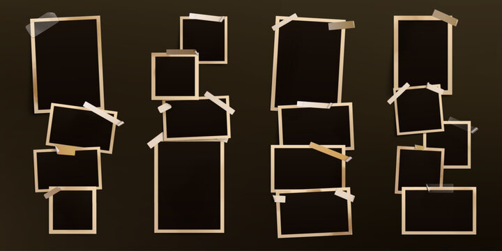 Vintage photo frame set with tape on dark background. Realistic empty picture frames in various sizes attached with scotch strips. Retro collage template for scrapbook, memory album or mockup design.