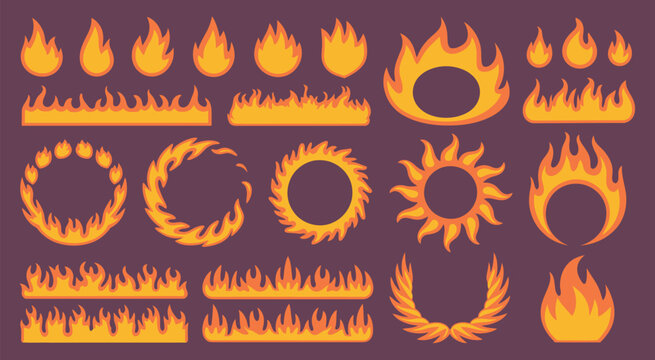 Fire flames creating dramatic frames, collection of fiery borders with glowing geometric elements, dynamic design accents, intense heat visuals, and vector