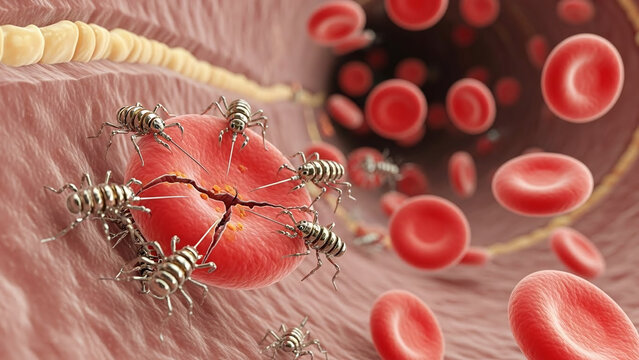 Microscopic Medical Illustration of Nanotechnology Robots Repairing Blood Cells Inside the Human Body for Future Biotechnology Health Solutions