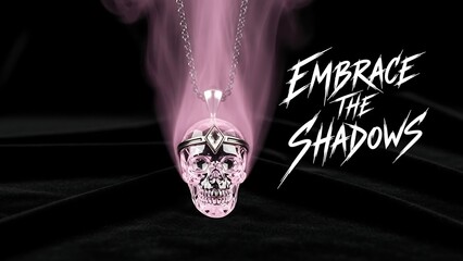 Skull with Embrace the Shadows text.