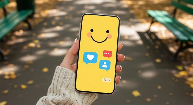 Hand holding smartphone with happy face emoji and social media notifications in an autumn park. - Powered by Adobe