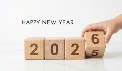 child's hand turns a wooden block, changing the number 5 to 6 to form the year 2026, accompanied by a Happy New Year greeting. Happy New Year 2026 image