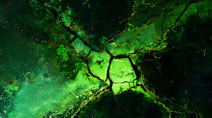 Fototapeta premium large tree like crack glowing in emerald green forming dynamic branching patterns with depth and motion