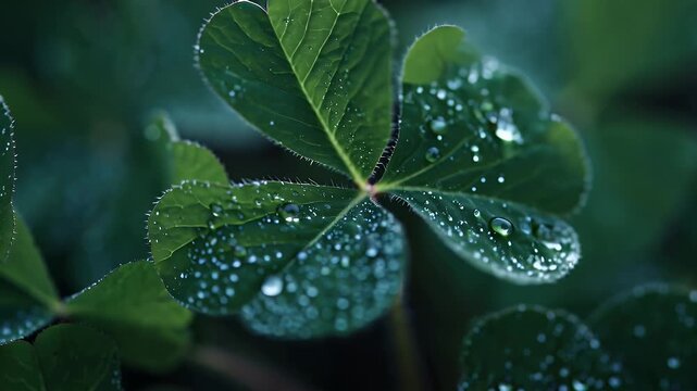 Close-up of a four-leaf clover adorned with morning dew droplets on its leaflets in vivid green